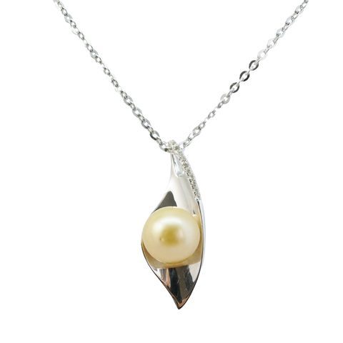 COLLIER FEUILLE ARGENT 925 TOPAZE PERLE MERS DU SUD DOREE RSR Ø9-10MM CAT(GIA)