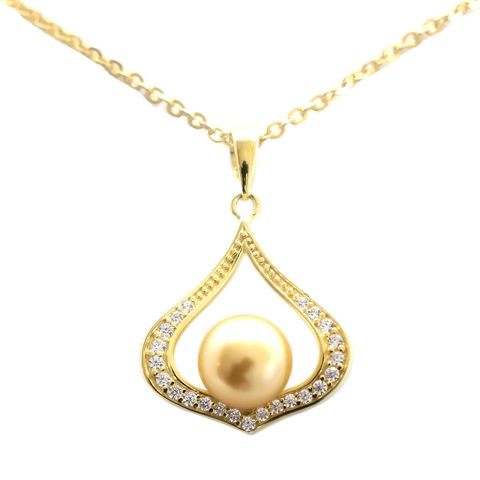 PEND. MIZUKA VERMEIL 925 ZIRCONIA PERLE MERS DU SUD DOREE RSR Ø8-9MM CAT(GIA) A