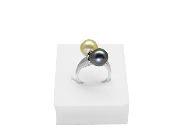 BAGUE DUO STANS ARGENT 925‰ PERLES ASSORTIES TAHITI & MDS RSR Ø9-10MM